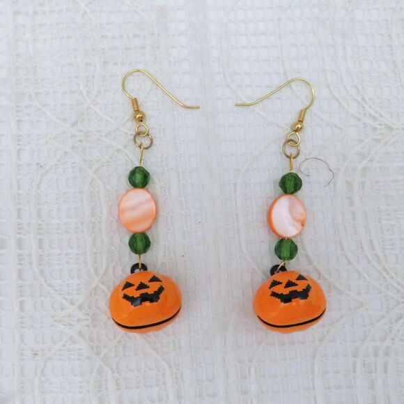 Handmade Jingle Bell Pumpkin Dangle Earrings for Women, Halloween Drop Earrings - Picture 2 of 7